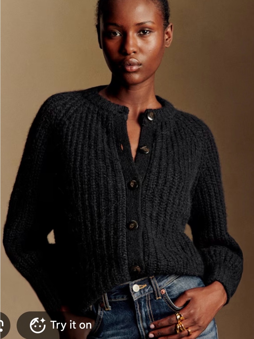Sezane Emile Black Ribbed Button-Front Sweater